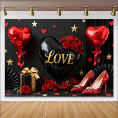 Lofaris Schwarz Rot Herzballons Gold Glitzer Rosen Fotohintergrund Valentinstag