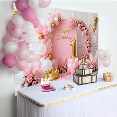 Lofaris Rosa Gold 1. Geburtstag Fotohintergrund Blumen Ballonbogen Prinzessin