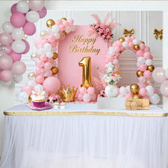 Lofaris Süß Rosa Gold 1. Geburtstag Fotohintergrund Ballons Krone Blumen Deko