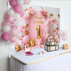 Lofaris Süß Rosa Gold 1. Geburtstag Fotohintergrund Ballons Krone Blumen Deko