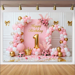 Lofaris Süß Rosa Gold 1. Geburtstag Fotohintergrund Ballons Krone Blumen Deko