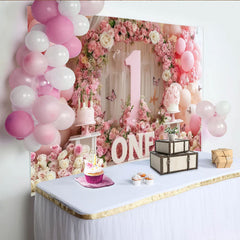 Lofaris Rosa Weiße Blumen 1. Geburtstag Fotohintergrund Nummer Eins Schmetterlinge