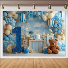 Lofaris Blau Weiß Heißluftballon 1. Geburtstag Fotohintergrund Teddybär Nummer Eins
