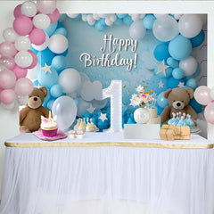 Lofaris Blau Weiß 1. Geburtstag Fotohintergrund Nummer Eins Teddybären Ballons