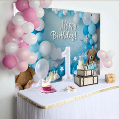 Lofaris Blau Weiß 1. Geburtstag Fotohintergrund Nummer Eins Teddybären Ballons