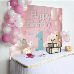 Lofaris Rosa Blau 1. Geburtstag Fotohintergrund Teddybär Kuchen Ballons Mädchen Deko