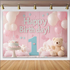 Lofaris Rosa Blau 1. Geburtstag Fotohintergrund Teddybär Kuchen Ballons Mädchen Deko