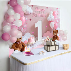 Lofaris Rosa Weiß 1. Geburtstag Fotohintergrund Teddybären Ballons Mädchen Party
