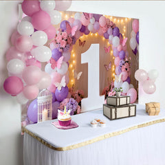 Lofaris Rosa Lila Weiß Ballons Schmetterling Blumen 1. Geburtstag Fotohintergrund
