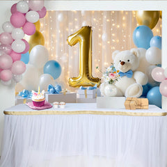 Lofaris Gold Nummer Eins Teddybär 1. Geburtstag Fotohintergrund Blau Weiße Ballons