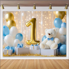 Lofaris Gold Nummer Eins Teddybär 1. Geburtstag Fotohintergrund Blau Weiße Ballons