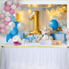 Lofaris Teddybär Gold Nummer Eins 1. Geburtstag Fotohintergrund Blau Weiße Ballons