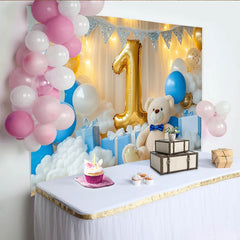 Lofaris Teddybär Gold Nummer Eins 1. Geburtstag Fotohintergrund Blau Weiße Ballons