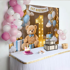 Lofaris Blau Weiße Ballons Gold Nummer Eins 1. Geburtstag Fotohintergrund Teddybär