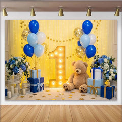 Lofaris Blau Gold Ballons 1. Geburtstag Fotohintergrund Leuchtbuchstabe Eins Teddybär