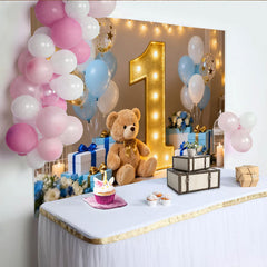 Lofaris Süßer Teddybär Gold Nummer Eins 1. Geburtstag Fotohintergrund Blau Weiße Ballons