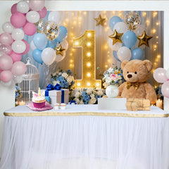 Lofaris Blau Weiß Gold Ballons 1. Geburtstag Fotohintergrund Teddybär Sterne Deko