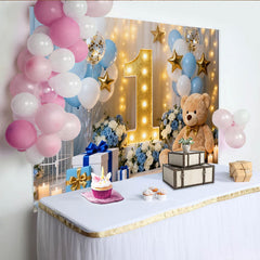Lofaris Blau Weiß Gold Ballons 1. Geburtstag Fotohintergrund Teddybär Sterne Deko
