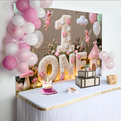 Lofaris Rosa Weiß ONE 1. Geburtstag Fotohintergrund Feengarten Ballons Pilze Deko