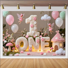 Lofaris Rosa Weiß ONE 1. Geburtstag Fotohintergrund Feengarten Ballons Pilze Deko