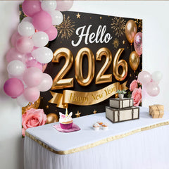 Lofaris Schwarz Gold Hallo 2026 Neujahr Fotohintergrund Rosa Rosen Ballons Feuerwerk