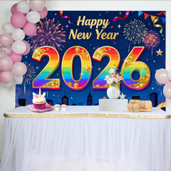 Lofaris Happy Neujahr 2026 Regenbogen Gold Glitzer Fotohintergrund Feuerwerk Stadt Deko