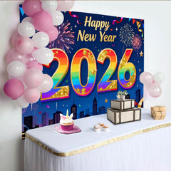 Lofaris Happy Neujahr 2026 Regenbogen Gold Glitzer Fotohintergrund Feuerwerk Stadt Deko