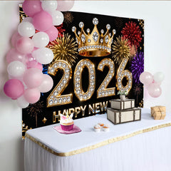 Lofaris Schwarz Gold Diamant 2026 Neujahr Fotohintergrund Krone Buntes Feuerwerk Silvester
