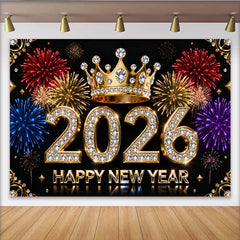 Lofaris Schwarz Gold Diamant 2026 Neujahr Fotohintergrund Krone Buntes Feuerwerk Silvester