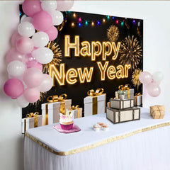 Lofaris Schwarz Gold Neujahr Fotohintergrund Feuerwerk Ballons Geschenke Silvester Deko