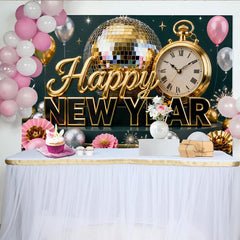 Lofaris Gold Silber Neujahr Fotohintergrund Discokugel Uhr Ballons Silvester Party Deko