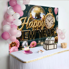 Lofaris Gold Silber Neujahr Fotohintergrund Discokugel Uhr Ballons Silvester Party Deko