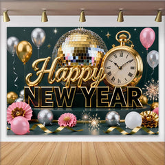 Lofaris Gold Silber Neujahr Fotohintergrund Discokugel Uhr Ballons Silvester Party Deko