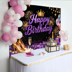 Lofaris Glitzer Lila Happy Birthday Fotohintergrund Krone Feuerwerk Elegante Party Deko