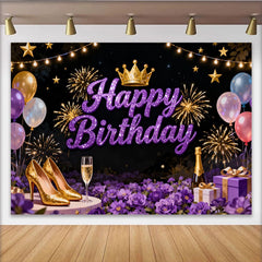 Lofaris Glitzer Lila Happy Birthday Fotohintergrund Krone Feuerwerk Elegante Party Deko