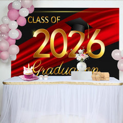 Lofaris Elegant Gold Abschlussklasse 2026 Fotohintergrund Hut Rot Schwarz Absolventen Deko