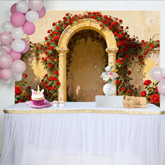Lofaris Vintage Roter Rosenbogen Fotohintergrund Steinsäulen Blumengarten Hochzeit Deko