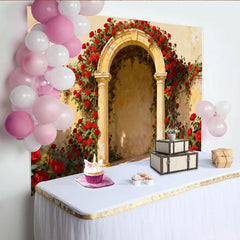 Lofaris Vintage Roter Rosenbogen Fotohintergrund Steinsäulen Blumengarten Hochzeit Deko