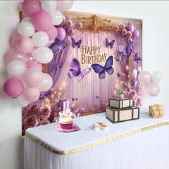 Lofaris Lila Schmetterling Geburtstag Fotohintergrund Rosen Ballons Gold Rahmen Party Deko