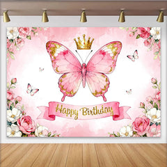 Lofaris Rosa Schmetterling Krone Glitzer Blumen Geburtstag Partyhintergrund, für Mädchen Geburtstagsfeier