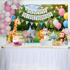 Lofaris Niedlicher Cartoon-Tier-Geburtstagshintergrund, bunte Dschungeltiere und Ballons für Kinderparty, Fotokulisse