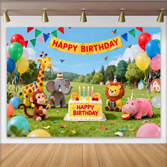 Lofaris Bunter niedlicher Safari-Tier-Geburtstagshintergrund, Dschungel-Party-Fotokulisse für Kinder, mit Ballons und Kuchen