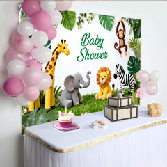 Lofaris Niedlicher Safari-Babyparty-Hintergrund mit Dschungeltieren, grünen Blättern und Blumen, für Jungen und Mädchen