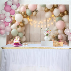 Lofaris Eleganter Pastell-Ballon-Hintergrund mit Holzwand und Lichterkette, vielseitige Fotokulisse für Babyparty und Geburtstag