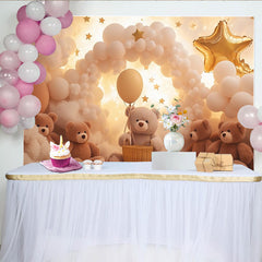 Lofaris Sanfter Wolken Teddybär Babyparty Hintergrund mit goldenen Sternen Ballons, süße Kulisse für Neugeborenen-Fotografie