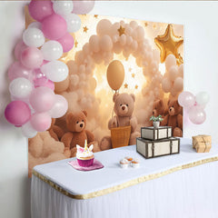Lofaris Sanfter Wolken Teddybär Babyparty Hintergrund mit goldenen Sternen Ballons, süße Kulisse für Neugeborenen-Fotografie