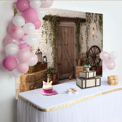 Lofaris Rustikaler Scheunentor Fotohintergrund mit Efeu und Ziegelwand, Landhausstil Kulisse für Fotoshooting und Eventdekoration