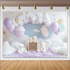 Lofaris Pastellfarbener Heißluftballon 1. Geburtstag Hintergrund mit Wolken und Sternen, süße Teddybär Fotokulisse für Baby-Fotoshooting