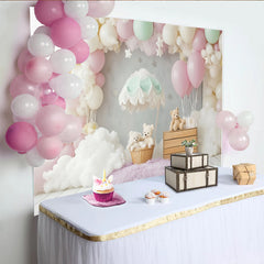 Lofaris Pastellfarbener Heißluftballon Babyparty Hintergrund mit Teddybären, verträumte Fotowand für Fotoshooting und Dekoration