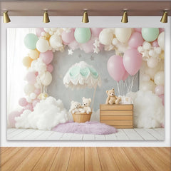 Lofaris Pastellfarbener Heißluftballon Babyparty Hintergrund mit Teddybären, verträumte Fotowand für Fotoshooting und Dekoration